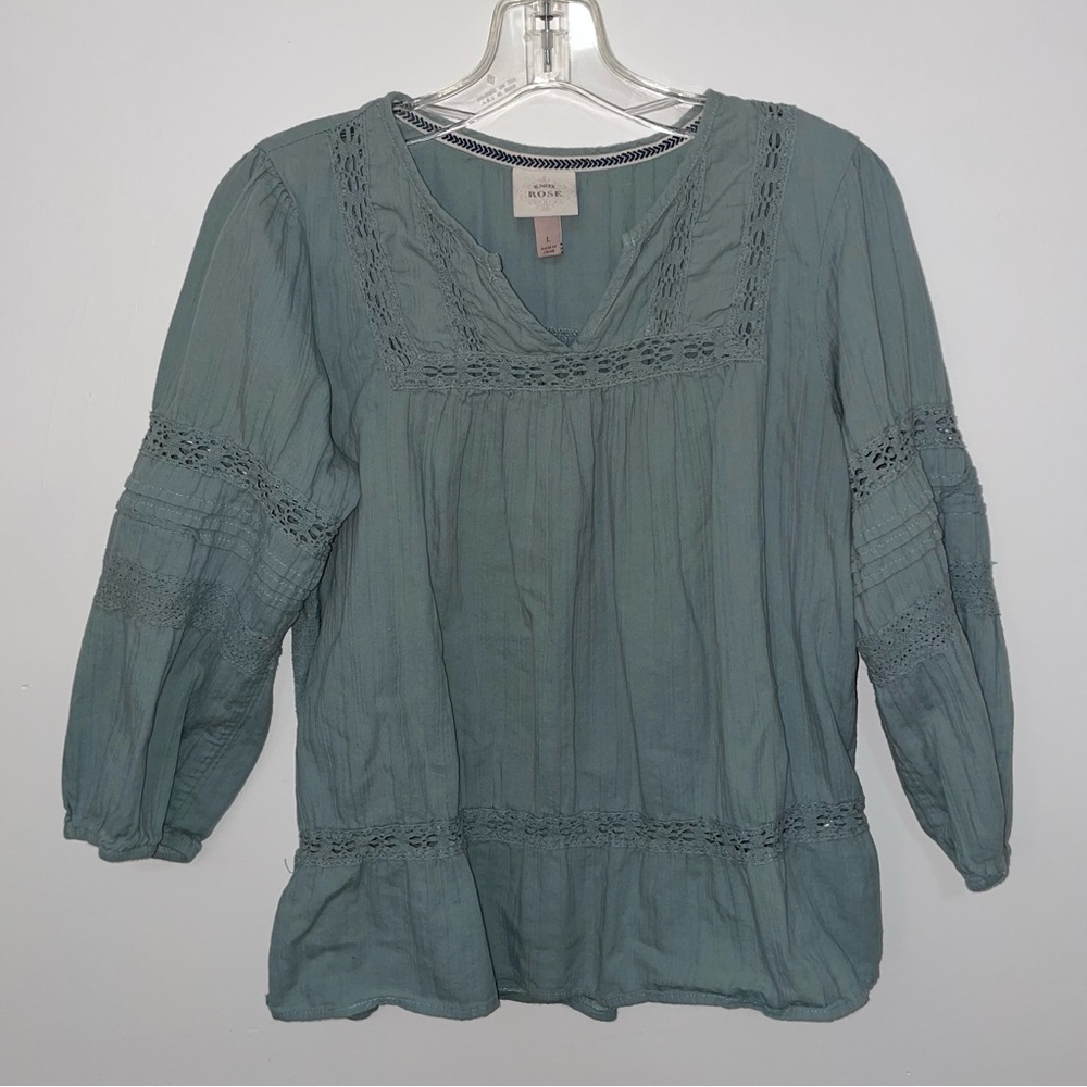 Knox Rose Womens Top Large  Blouse Boho Hippie Casual 3/4 Ballon Sleeve